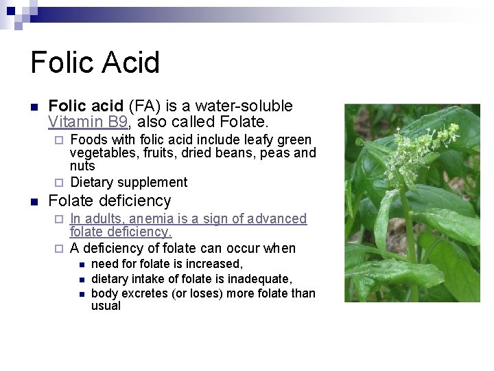 Folic Acid n Folic acid (FA) is a water-soluble Vitamin B 9, also called