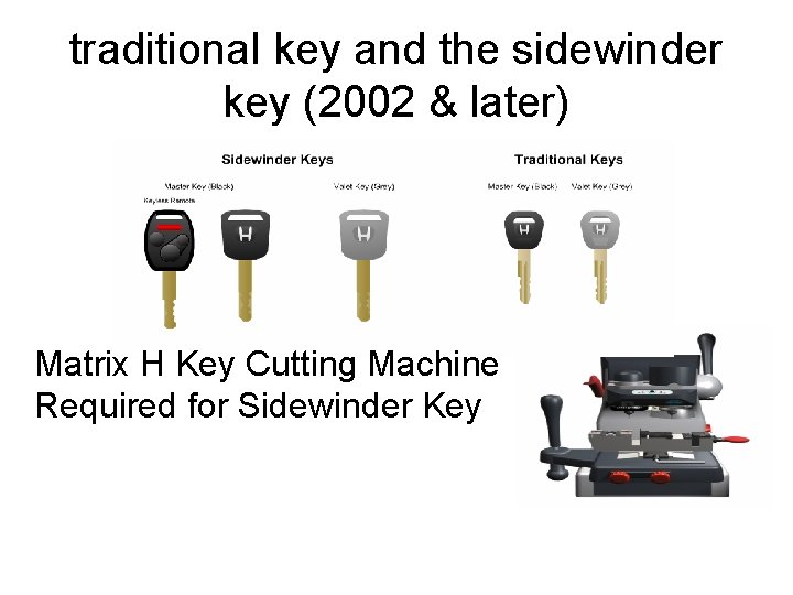 traditional key and the sidewinder key (2002 & later) Matrix H Key Cutting Machine