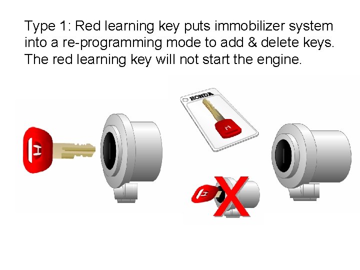 Type 1: Red learning key puts immobilizer system into a re-programming mode to add