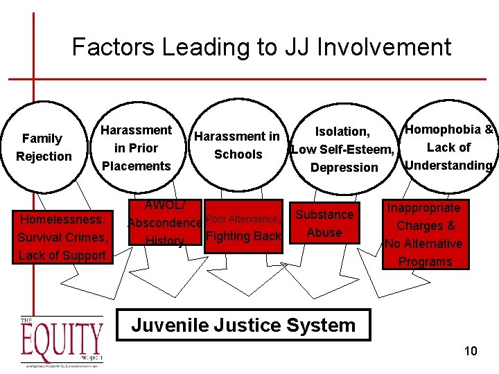 Factors Leading to JJ Involvement Family Rejection Harassment in Prior Placements Homelessness, Survival Crimes,