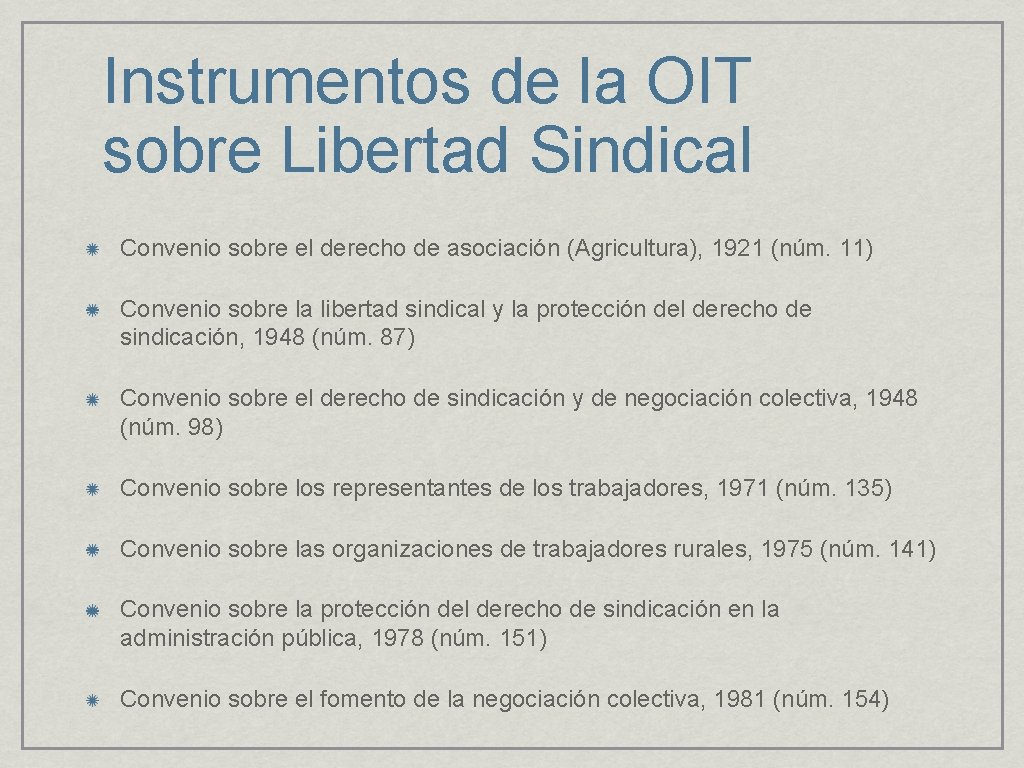 Instrumentos de la OIT sobre Libertad Sindical Convenio sobre el derecho de asociación (Agricultura),