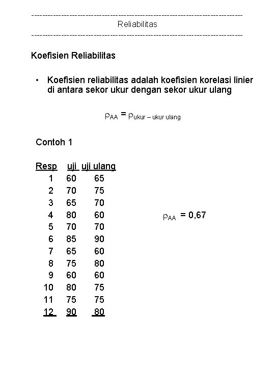 ---------------------------------------Reliabilitas --------------------------------------- Koefisien Reliabilitas • Koefisien reliabilitas adalah koefisien korelasi linier di antara sekor