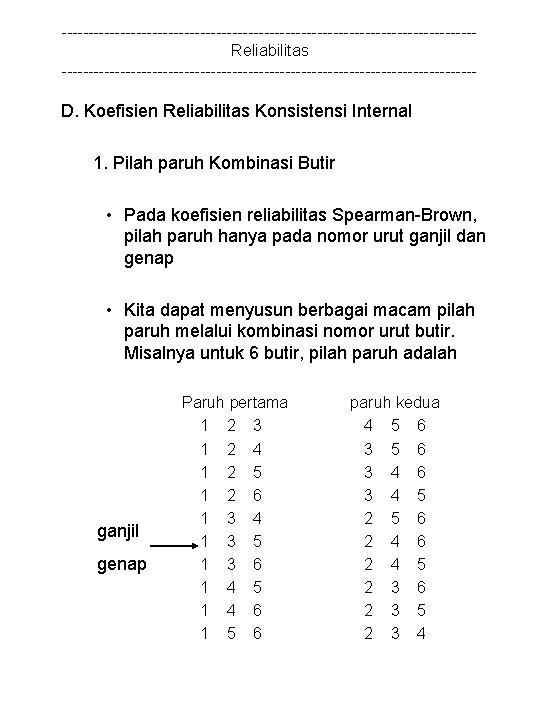 ---------------------------------------Reliabilitas --------------------------------------- D. Koefisien Reliabilitas Konsistensi Internal 1. Pilah paruh Kombinasi Butir • Pada