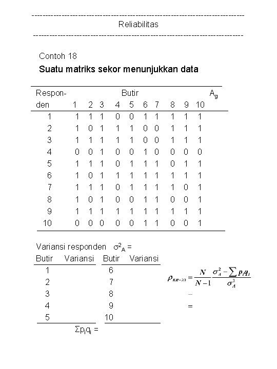 ---------------------------------------Reliabilitas --------------------------------------Contoh 18 Suatu matriks sekor menunjukkan data Responden 1 2 3 4 5