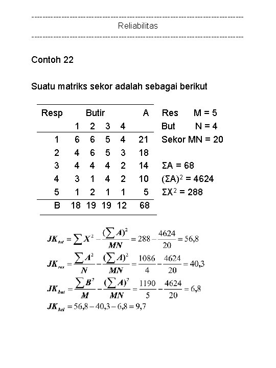 ---------------------------------------Reliabilitas --------------------------------------- Contoh 22 Suatu matriks sekor adalah sebagai berikut Resp 1 2 3