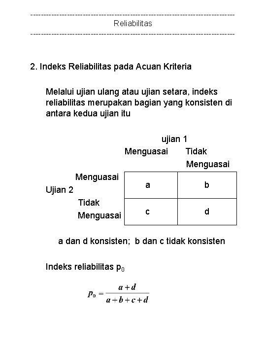 ---------------------------------------Reliabilitas --------------------------------------- 2. Indeks Reliabilitas pada Acuan Kriteria Melalui ujian ulang atau ujian setara,