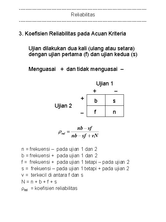 ---------------------------------------Reliabilitas --------------------------------------- 3. Koefisien Reliabilitas pada Acuan Kriteria Ujian dilakukan dua kali (ulang atau