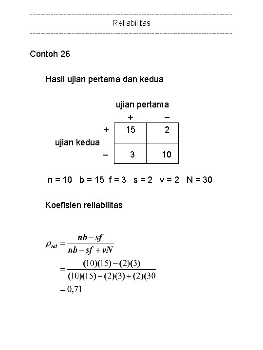 ---------------------------------------Reliabilitas --------------------------------------- Contoh 26 Hasil ujian pertama dan kedua ujian pertama + – +