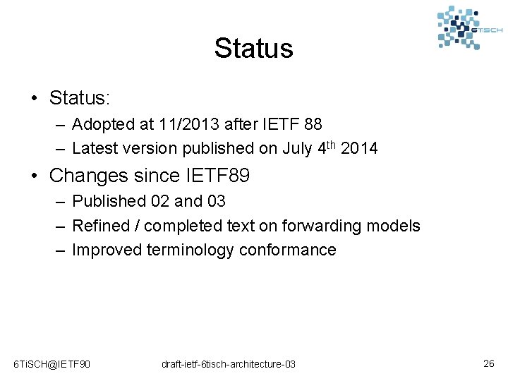 Status • Status: – Adopted at 11/2013 after IETF 88 – Latest version published