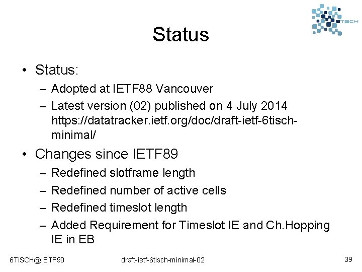 Status • Status: – Adopted at IETF 88 Vancouver – Latest version (02) published