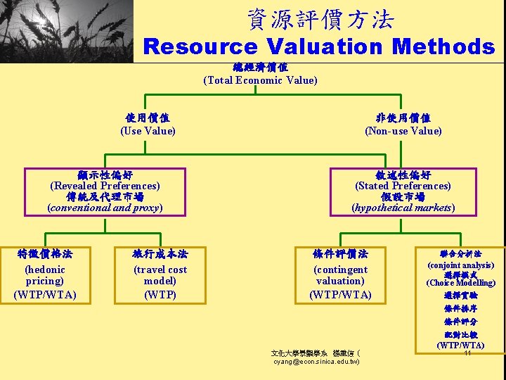 資源評價方法 Resource Valuation Methods 總經濟價值 (Total Economic Value) 使用價值 (Use Value) 顯示性偏好 (Revealed Preferences)