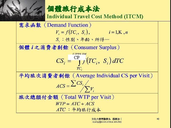 個體旅行成本法 Individual Travel Cost Method (ITCM) CP 文化大學景觀學系 楊重信（ cyang@econ. sinica. edu. tw) 43