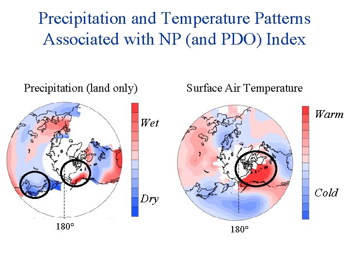 Precipitation and Temperature Patterns Associated with NP (and PDO) Index Precipitation (land only) Surface