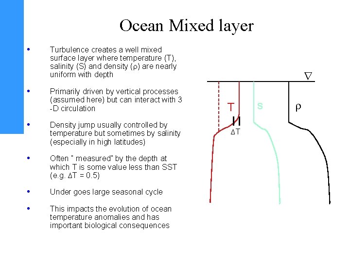 Ocean Mixed layer • • Turbulence creates a well mixed surface layer where temperature
