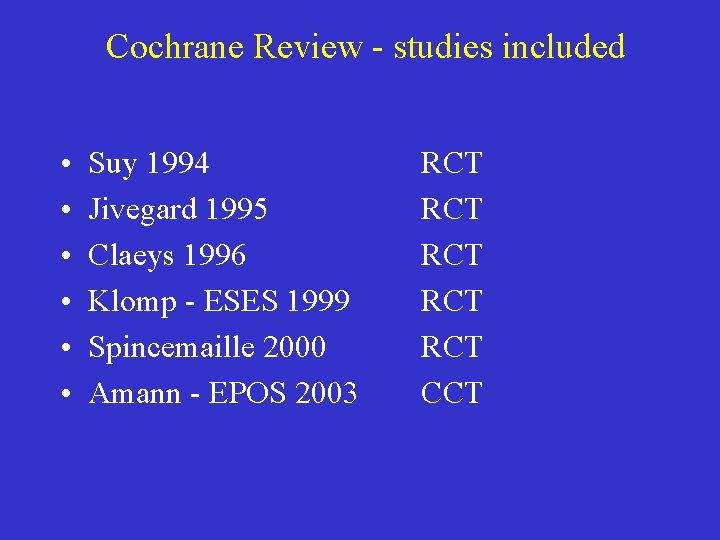 Cochrane Review - studies included • • • Suy 1994 Jivegard 1995 Claeys 1996