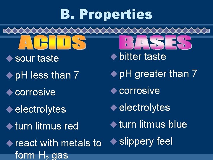 B. Properties u sour u p. H taste less than 7 u bitter u