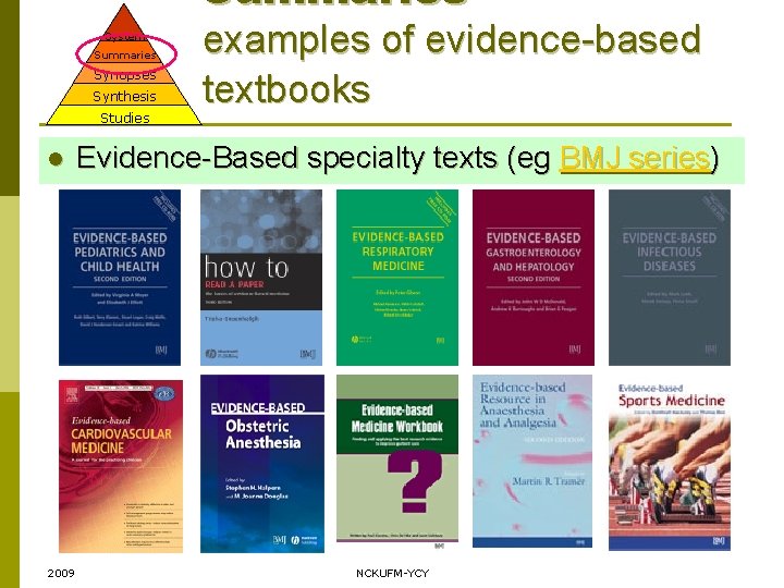 Summaries – System Summaries Synopses Synthesis Studies l 2009 examples of evidence-based textbooks Evidence-Based
