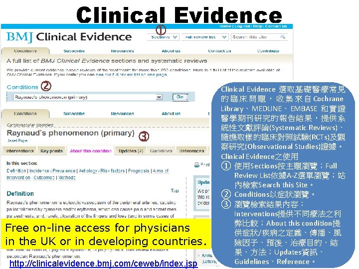 Clinical Evidence Free on-line access for physicians in the UK or in developing countries.