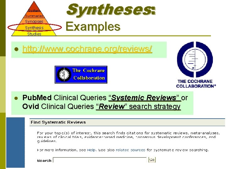 System Summaries Synopses Synthesis Studies Syntheses: Examples l http: //www. cochrane. org/reviews/ l Pub.