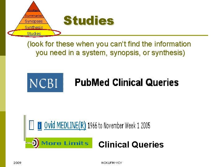 System Summaries Synopses Synthesis Studies (look for these when you can’t find the information