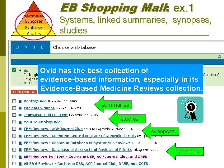 System Summaries Synopses Synthesis Studies EB Shopping Mall: ex. 1 Systems, linked summaries, synopses,