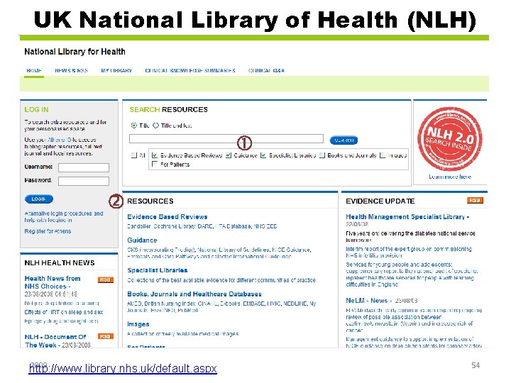 UK National Library of Health (NLH) 2009 http: //www. library. nhs. uk/default. aspx 54