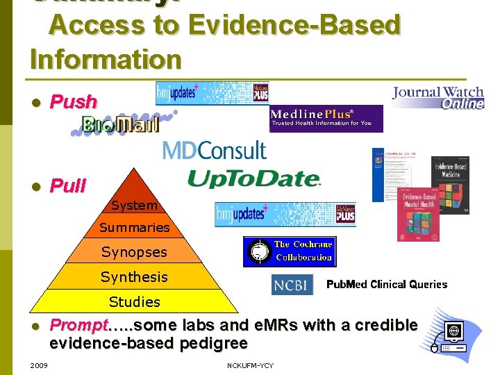 Summary: Access to Evidence-Based Information l Push l Pull System Summaries Synopses Synthesis Studies