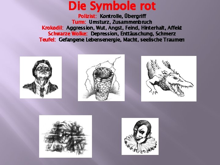 Die Symbole rot Polizist: Kontrolle, Übergriff Turm: Umsturz, Zusammenbruch Krokodil: Aggression, Wut, Angst, Feind,