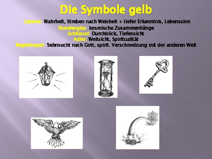 Die Symbole gelb Laterne Wahrheit, Streben nach Weisheit + tiefer Erkenntnis, Lebenssinn Stundenglas kosmische