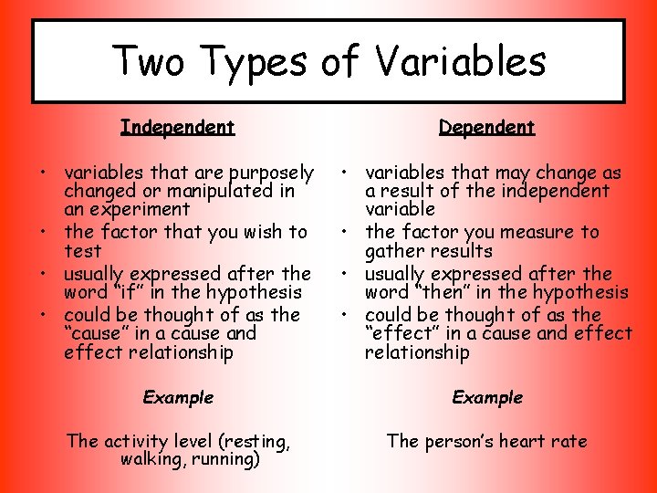 Two Types of Variables Independent Dependent • variables that are purposely changed or manipulated