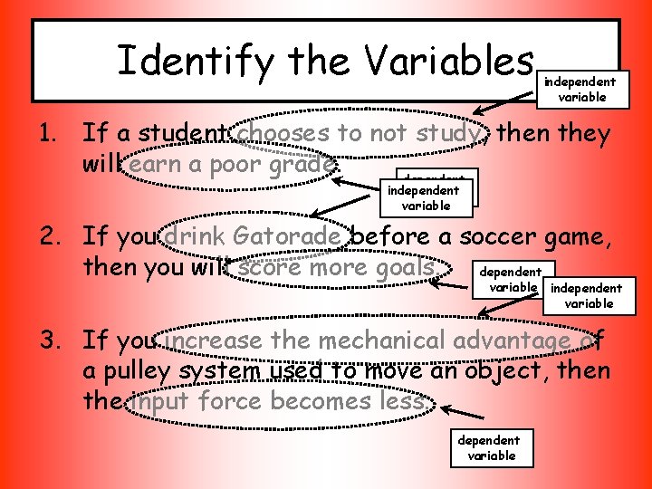 Identify the Variables independent variable 1. If a student chooses to not study, then
