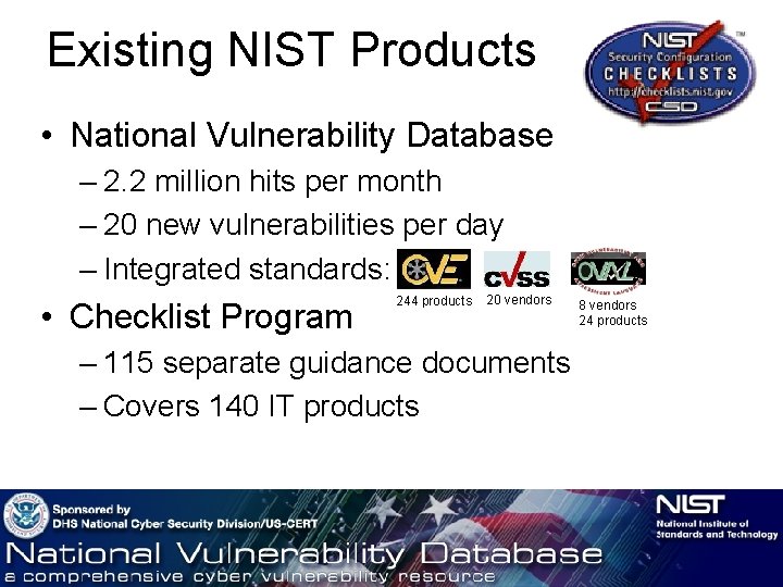 Existing NIST Products • National Vulnerability Database – 2. 2 million hits per month