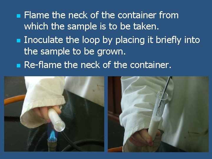 n n n Flame the neck of the container from which the sample is