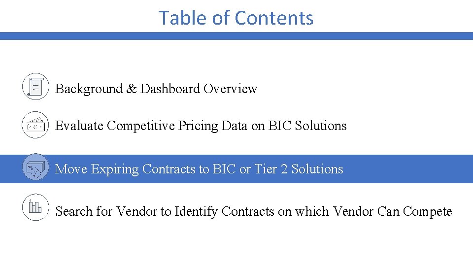 Table of Contents Background & Dashboard Overview Evaluate Competitive Pricing Data on BIC Solutions