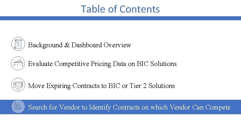 Table of Contents Background & Dashboard Overview Evaluate Competitive Pricing Data on BIC Solutions