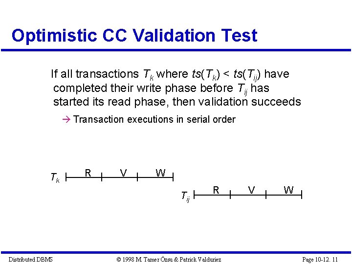 Optimistic CC Validation Test If all transactions Tk where ts(Tk) < ts(Tij) have completed