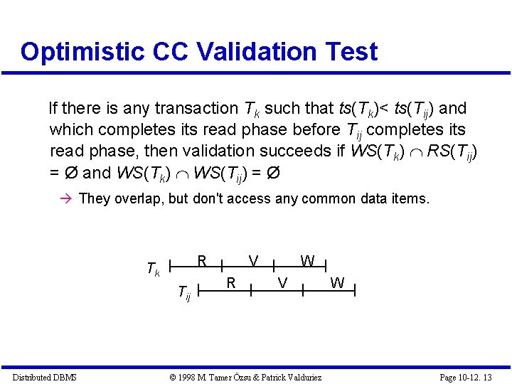 Optimistic CC Validation Test If there is any transaction Tk such that ts(Tk)< ts(Tij)