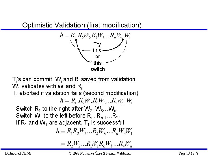 Optimistic Validation (first modification) Try this or this switch Ti’s can commit, Wi and Optimistic Validation (first modification) Try this or this switch Ti’s can commit, Wi and