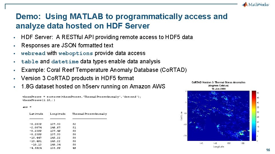 Demo: Using MATLAB to programmatically access and analyze data hosted on HDF Server §