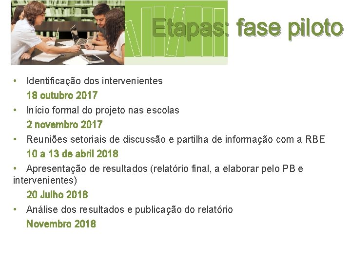 Etapas: fase piloto • Identificação dos intervenientes 18 outubro 2017 • Início formal do