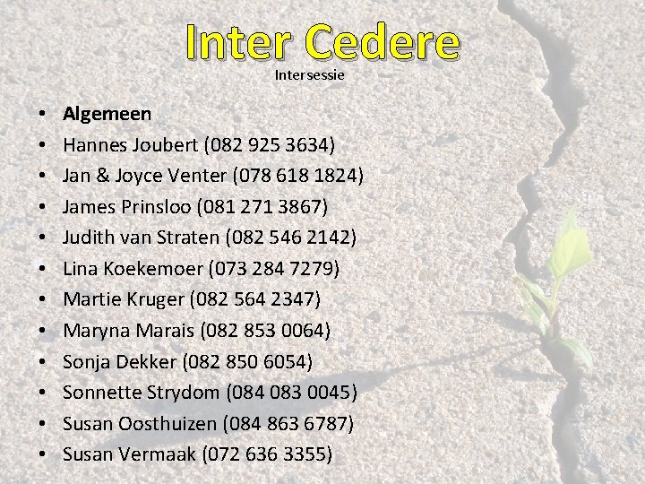 Inter Cedere Intersessie • • • Algemeen Hannes Joubert (082 925 3634) Jan &