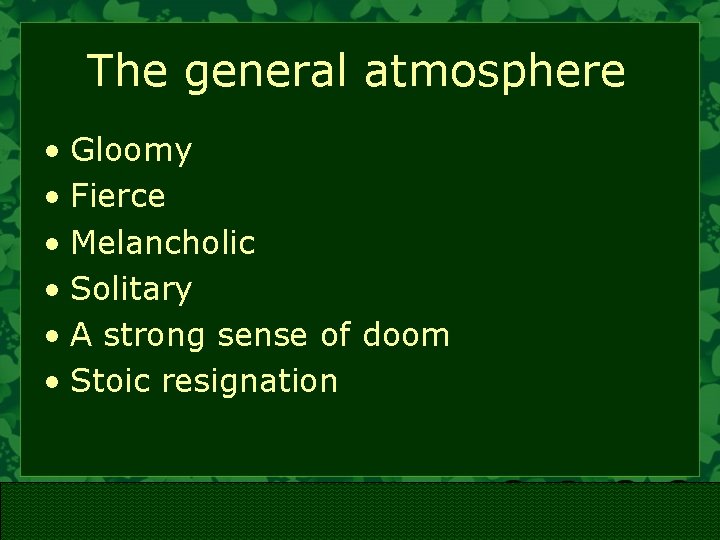 The general atmosphere • Gloomy • Fierce • Melancholic • Solitary • A strong