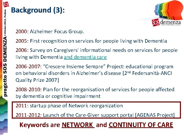 Background (3): 2000: Alzheimer Focus Group. 2005: First recognition on services for people living