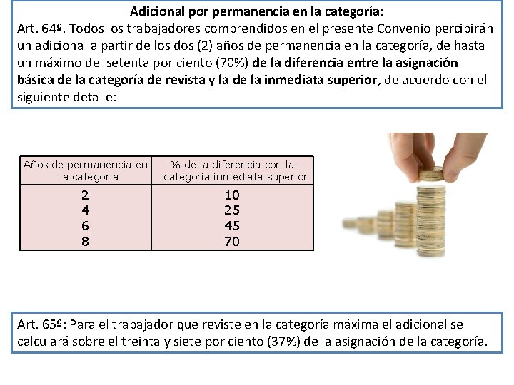 Adicional por permanencia en la categoría: Art. 64º. Todos los trabajadores comprendidos en el