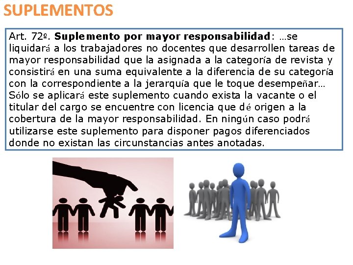 SUPLEMENTOS Art. 72º. Suplemento por mayor responsabilidad: …se liquidará a los trabajadores no docentes