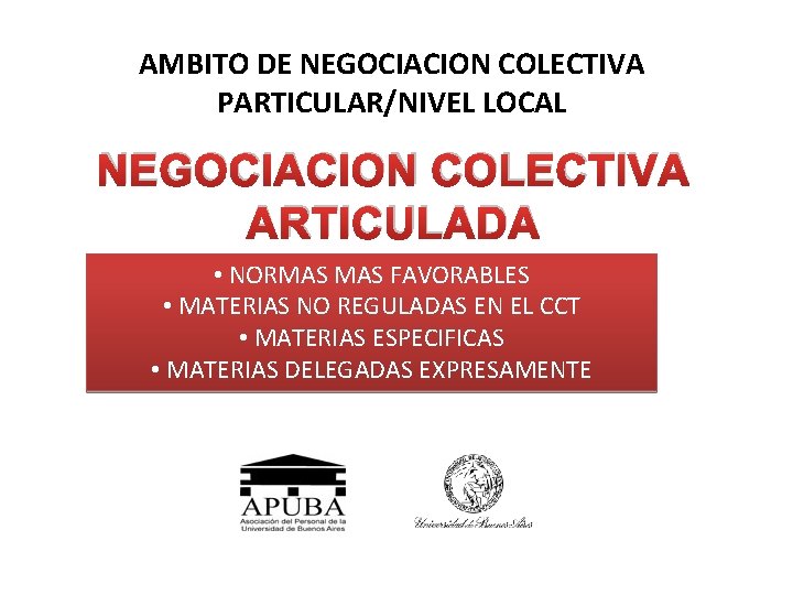 AMBITO DE NEGOCIACION COLECTIVA PARTICULAR/NIVEL LOCAL NEGOCIACION COLECTIVA ARTICULADA • NORMAS FAVORABLES • MATERIAS