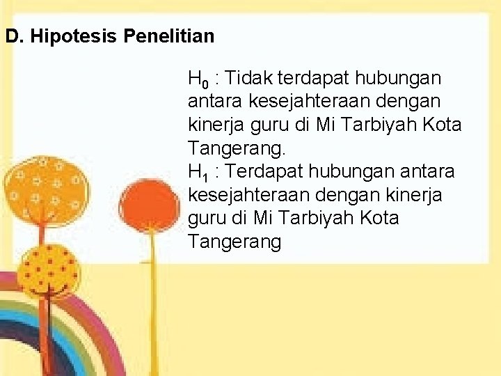 D. Hipotesis Penelitian H 0 : Tidak terdapat hubungan antara kesejahteraan dengan kinerja guru