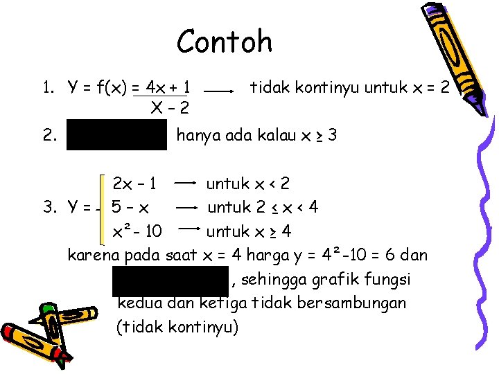 Contoh 1. Y = f(x) = 4 x + 1 X– 2 2. tidak