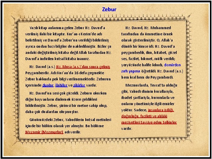 Zebur Yazılı kitap anlamına gelen Zebur Hz. Davud’a verilmiş ilahi bir kitaptır. Kur’an ı