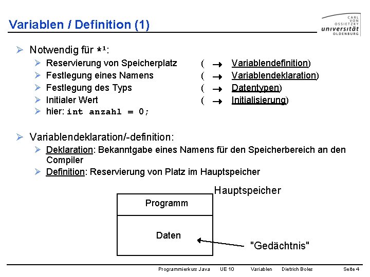 Variablen / Definition (1) Ø Notwendig für *1: Ø Ø Ø Reservierung von Speicherplatz